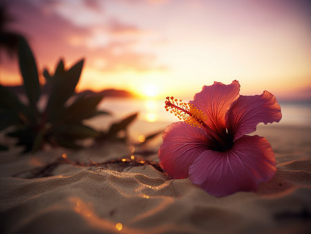Vibrant hibiscus flower at sunset on the beachの素材