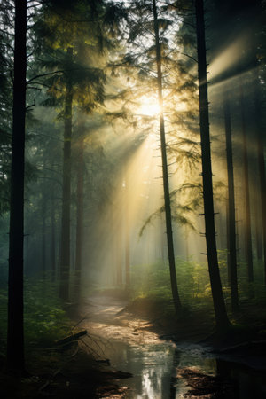 Enchanting forest path with sunbeamsの素材