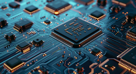 Intricate circuit board with microchips and electronic componentsの素材