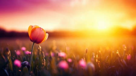 Vibrant tulip flower blooming in field at sunsetの素材