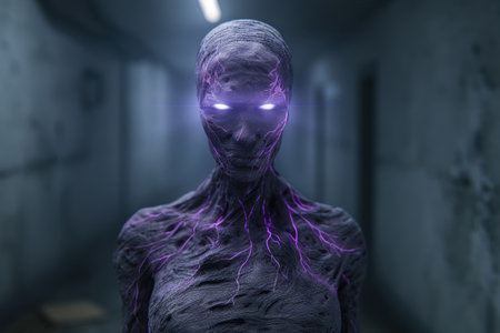 mysterious glowing figure in dark hallwayの素材