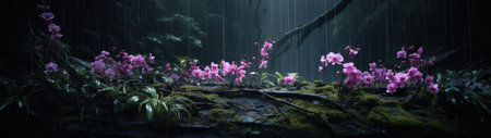 Enchanting Tropical Rainforest Landscape with Vibrant Orchidsの素材
