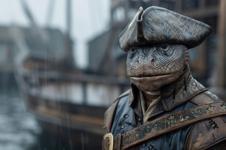 Reptilian humanoid in vintage military uniformの素材