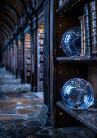 Mysterious glass orbs in an old libraryの素材