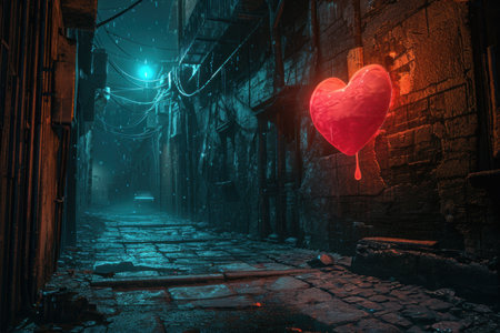 Mysterious alley with glowing heart-shaped lightの素材