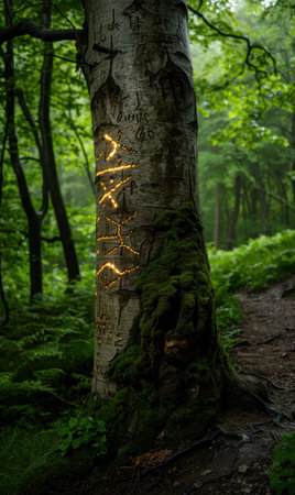 Glowing tree trunk in lush forestの素材
