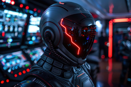 Futuristic cyborg helmet with glowing red lightsの素材