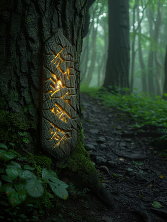 Mysterious forest path with glowing runes on treeの素材