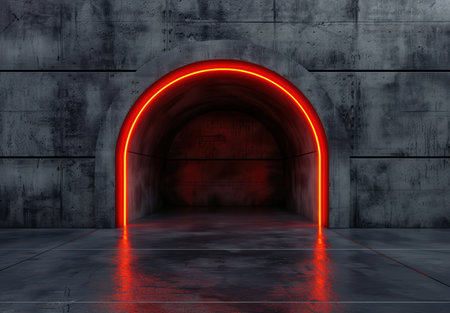 Glowing red archway in dark concrete tunnelの素材