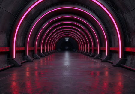 Vibrant neon tunnel with arched lightingの素材