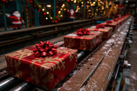 festive christmas gifts on snowy railwayの素材