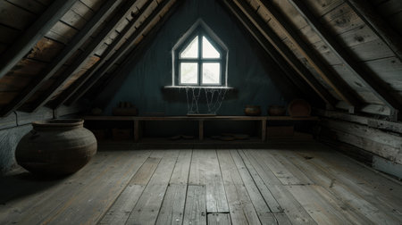 Abandoned attic interior with old pottery and windowの素材