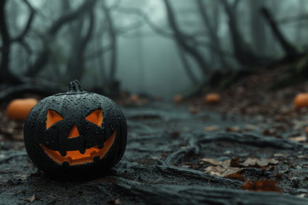 Spooky halloween pumpkin in dark forestの素材