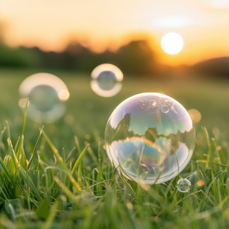 Sunset reflections in soap bubbles on a grassy fieldの素材
