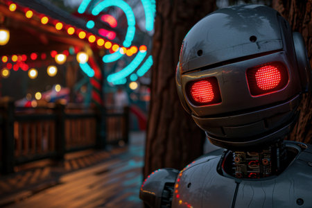 Futuristic robot with glowing lights in a neon-lit alleywayの素材