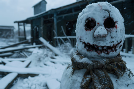Creepy snowman figure in winter landscapeの素材