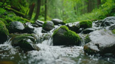 Serene forest stream with moss-covered rocksの素材