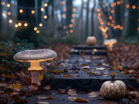 Enchanting forest scene with glowing mushroom and autumn leavesの素材