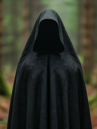 Mysterious hooded figure in dark forestの素材