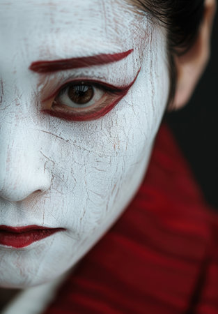 Intense close-up of a painted faceの素材
