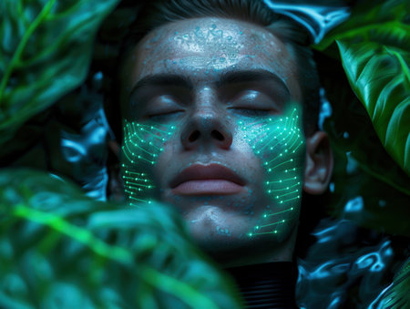 Futuristic cyborg face in natureの素材