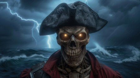 Spooky pirate skull in stormy seaの素材