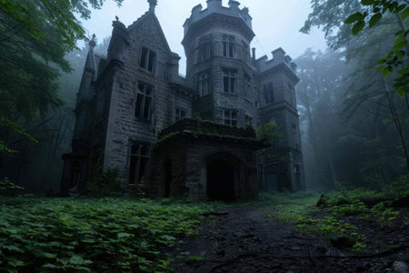 Mysterious abandoned castle in the misty forestの素材