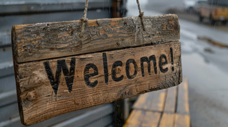 Weathered wooden welcome signの素材