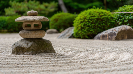 tranquil japanese garden with stone lanternの素材