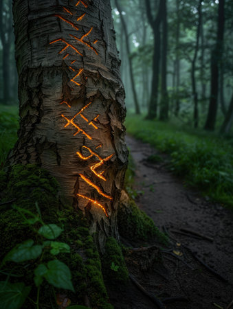 Glowing tree bark in a mysterious forestの素材