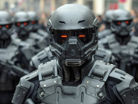 Futuristic robot soldier with glowing red eyesの素材