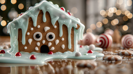 Festive gingerbread house with icing and candy decorationsの素材