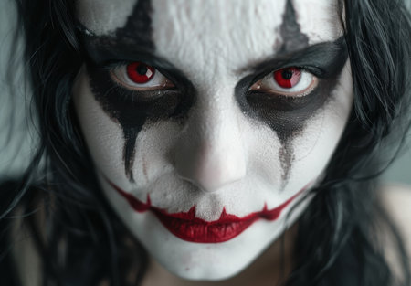 Creepy clown face with red eyes and black makeupの素材