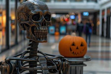 Spooky Halloween decoration with skull and pumpkinの素材