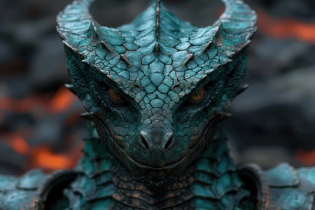 Detailed close-up of a fierce-looking fantasy dragonの素材