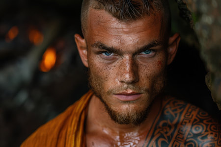 Intense gaze of a rugged man with tattoosの素材