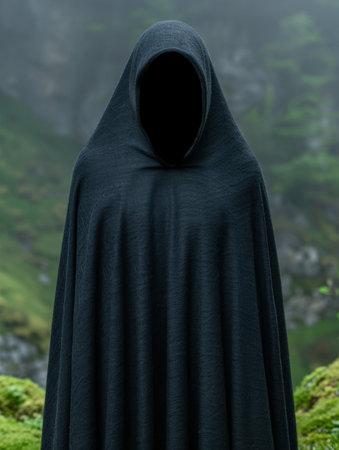 Mysterious hooded figure in a dark forestの素材