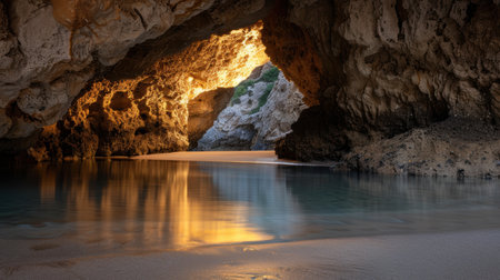 Glowing cave with serene lake reflectionの素材