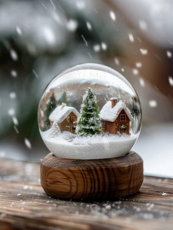 Cozy winter snow globe with miniature houses and christmas treeの素材