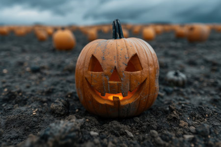 Spooky jack-o'-lantern in a pumpkin patchの素材