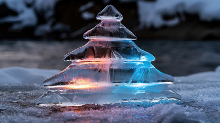 Frozen christmas tree ornament on snowy groundの素材