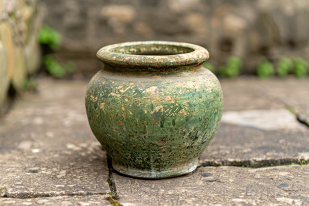 Vintage ceramic pot with distressed green glazeの素材