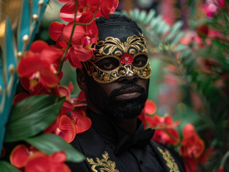 Mysterious man in ornate mask surrounded by vibrant flowersの素材