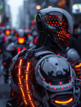 Futuristic robot with glowing red lightsの素材
