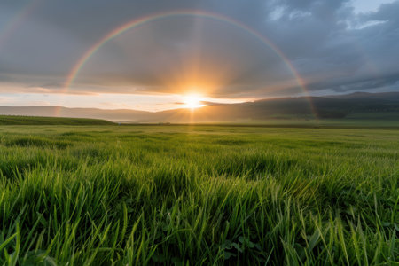 Stunning sunset landscape with vibrant rainbowの素材