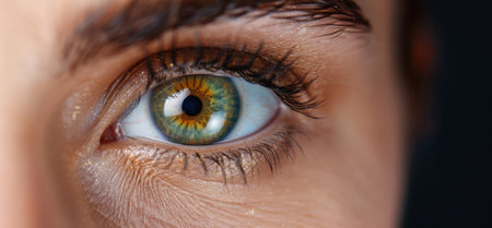 Closeup of a human eye with a vibrant green and yellow irisの素材