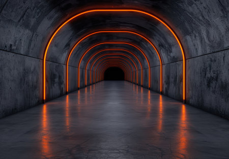 Illuminated tunnel with glowing orange lightsの素材