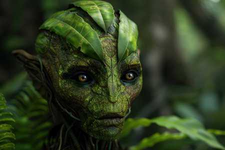 Mysterious green forest creature with glowing eyesの素材