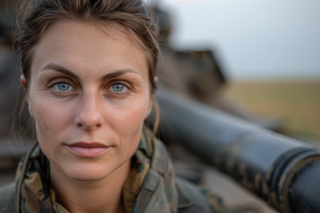 Thoughtful woman in military uniformの素材