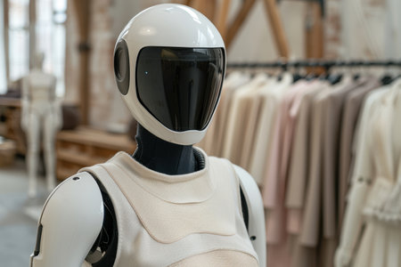Futuristic robot assistant in clothing storeの素材